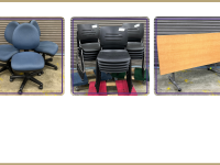 trio of blue fabric office chairs, three stacks of black chairs, fold down table with a light wood finish