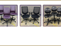 Trio of purple Steelcase lab stools, Duo of black office chairs, trio of black vinyl lab stools