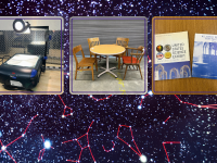 Projector - $20.00  Round table and four wood chairs - table - $10.00, chairs - $15.00 each  Seattle Science Center 1962 exhibit guidebook - $2.00