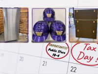 silver full size fridge, 3 purple husky branded baseball helmets, modular acoustic wall divider