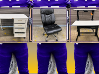 a trio of "harry the husky" mascots holding images of a rolling desk with attached cabinet, a large black leather rolling chair and two adjustable height desks