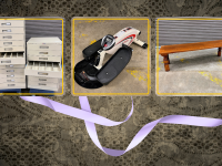 lace with a piece of ribbon behind pictures of card cabinets, a small elliptical desk unit, and a short wood table