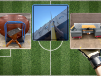 soccer field and a set of goalie gloves behind three images of an expandable table, an expandable 50 foot pole and a convertible sofa with attached table