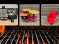 open flame grill with three images of overhead projectors, three low round tables and a new mop bucket