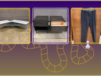 UW school colors gradient with a game board in front with three images of two grey tables, two nightstands and a pair of black pants
