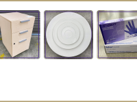 pedestal, stack of plates, boxes of gloves