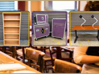 Wood bookshelf - $30 Husky travel cases - $25 - $45 each Height adjustable table with dual monitor mounts - $95
