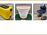 yellow toaster, planter, stack of chairs