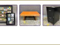 stamps in frames, orange coffee table, 2 drawer file cabinet on wheels