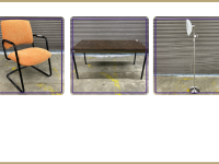 Orange fabric chair, steelcase table, floor lamp