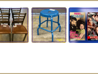 Metal framed chairs with brown vinyl seats, blue metal stool, assorted VHS tapes