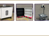 Laptop charging and storage cart, Duo of Hon metal bookshelves, overhead projector