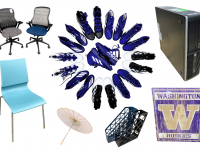 Photos of: desk chairs, adidas cleats, computer tower, wood huskies sign, magazine organizers, parasol, blue stacking chair
