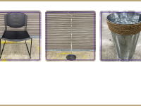 black stacking chair, metal coat stand, decorative small galvanized steel pail with jute detailing