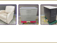 beige arm chair, grey lateral 2 drawer file cabinet, dark grey 3 drawer pedestal with laminate top