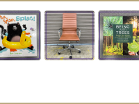 kids book, tan rolling chair, nature book