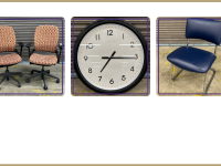 Duo of Steelcase patterned office chairs, large wallclock, blue vinyl chair