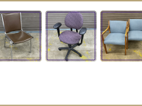 Vintage brown vinyl chair, violet fabric chair, duo of baby blue chairs