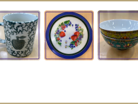 apple mug, metal fruit plate, bowls