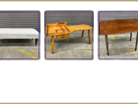 White fabric bench, Cobbler table, side table with brass accents