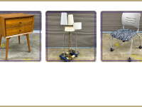 mid century modern side table, floor lamps, rolling chair