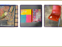 groovy artwork, art books, orange fabric chair