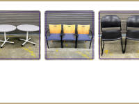 do of taupe round tables on wheels, trio of chairs with purple fabric seats and wood backs, and duo of two hard plastic black stacking chairs