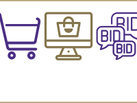 clip art of shopping cart, computer monitor, and speech bubbles with text reading: bid, bid, bid
