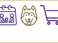 clip art of two figures in a meeting, husky dog, and shopping cart