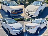 A stitched image fo four white passenger vehicles.