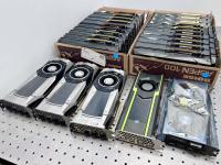 Graphics cards on a table.