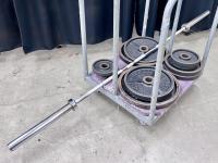 Weights and weight bar on a moving cart.