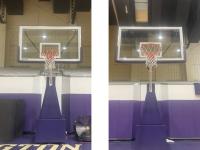 Stitch of two portable basketball backstops with purple mats.