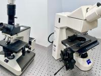 Two microscopes on an optical table.