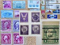 Stitched photos of several various US postage stamps.