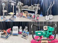 Stitch of several images of different power tools in a warehouse.